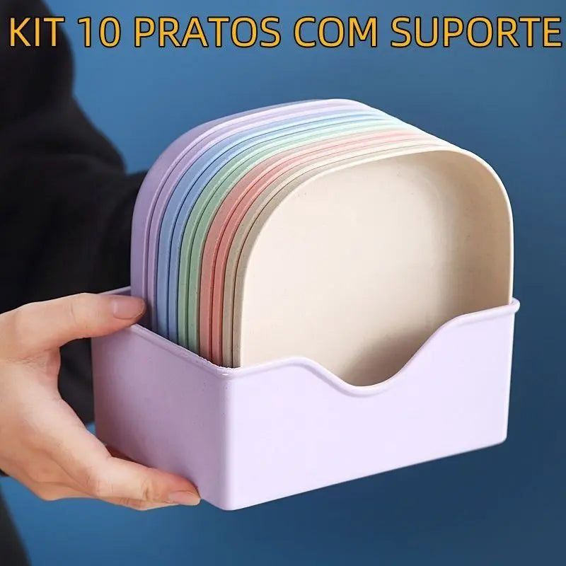 Kit 10 Pratos Plásticos Duros Reutilizáveis C/suporte